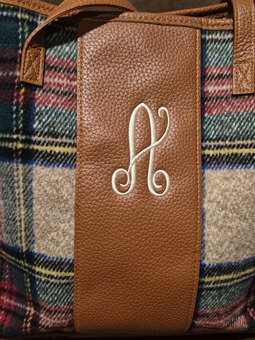 Plaid Tote with Brown Leather Center Panel and Monogram Accent